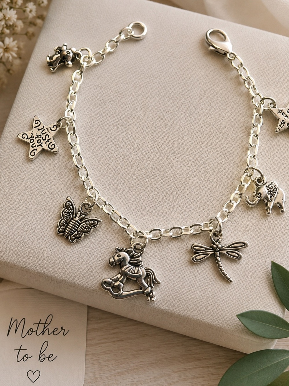 Mother-to-Be & New Mom Silver Charm Bracelet | Baby Shower Gift handcrafted